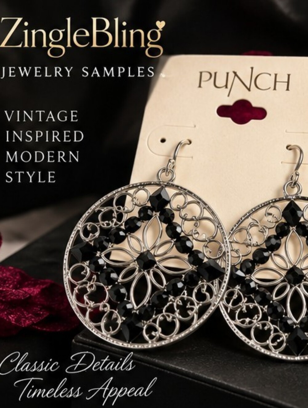 PUNCH Jewelry Sample Black Crystal Silver Tone Filigree Drop Earrings
